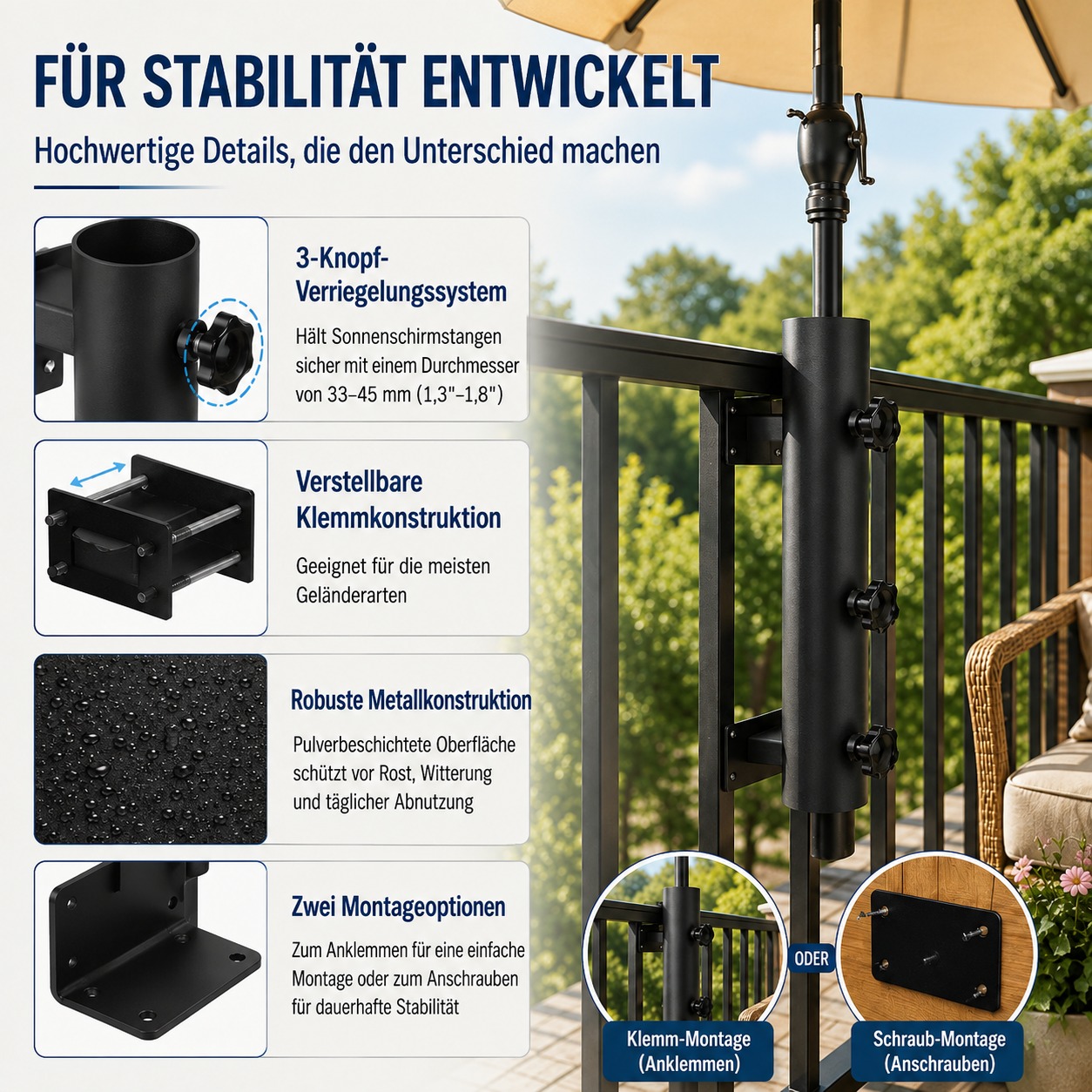 🌂 Verstellbare Terrassenschirm-Geländerklemme