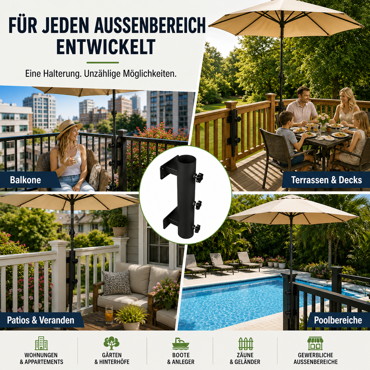 🌂 Verstellbare Terrassenschirm-Geländerklemme