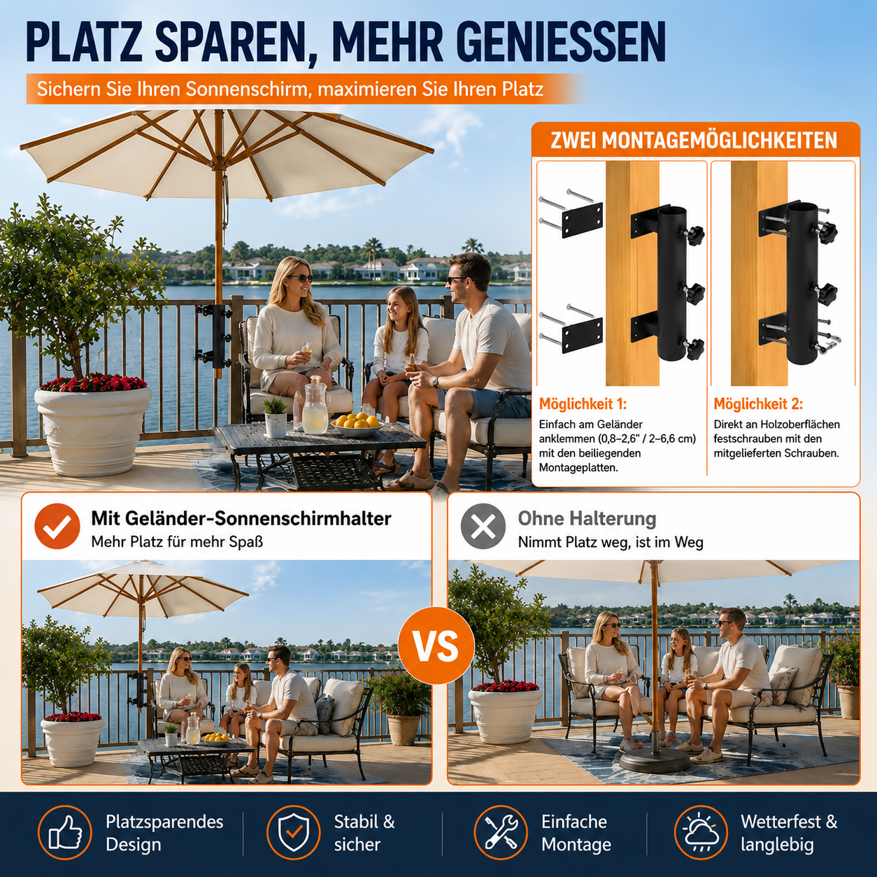 🌂 Verstellbare Terrassenschirm-Geländerklemme
