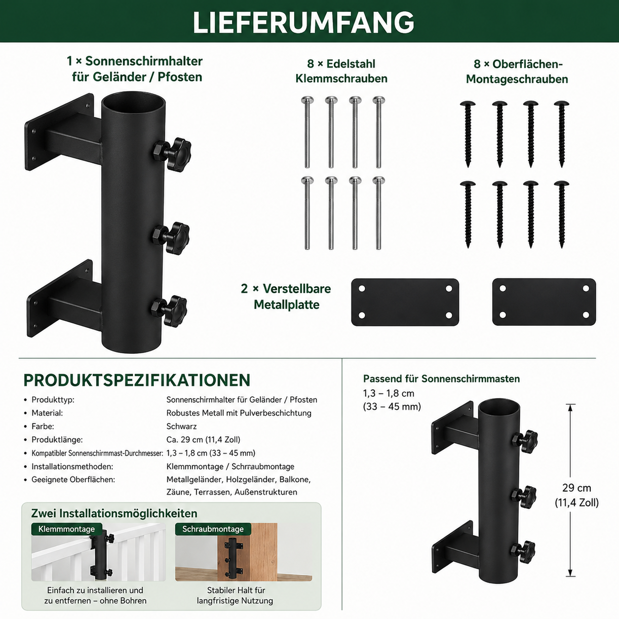 🌂 Verstellbare Terrassenschirm-Geländerklemme